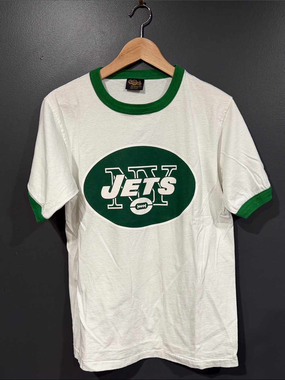 Vintage NY Jets White and Green Jets Logo Ringer Tee